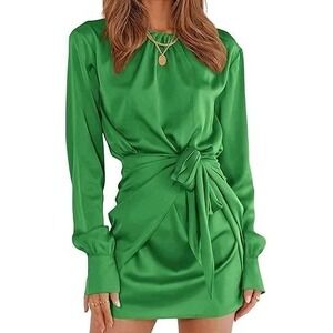 PRETTYGARDEN Women's Spring Satin Dress Long Sleeve‎ Tie Medium, Green